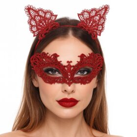 Şık Kırmızı Dantel Maske ve Taç Seti 5 No – Maskeli Balo &amp;amp; Özel Etkinlikler (4172)