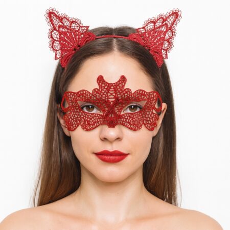 Ateş Kırmızısı Dantel Taç ve Maske Seti 10 No - Maskeli Balo &amp;amp; Özel Gün Seti (4172)