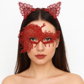 Alevin Zarafeti Kırmızı Dantel Maske ve Taç Seti 4 No – Kadın Kostüm Tamamlayıcı (4172)