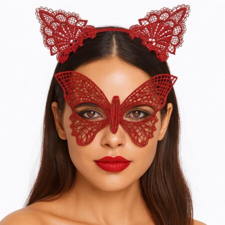 Gösterişli Kırmızı Dantel Maske ve Taç Seti 7 No – Masquerade ve Davetler için (4172)