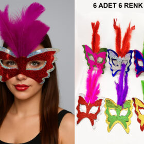 Renkli Parti Maskesi 6&apos;lı | Tüylü Karton Maske Seti (Lastikli) (4172)