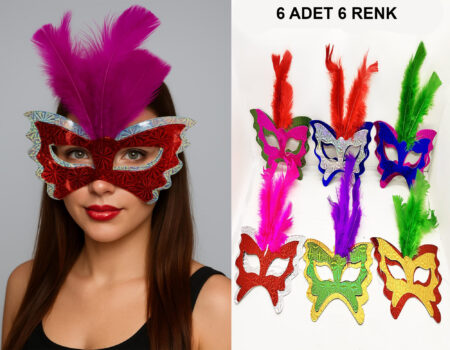 Renkli Parti Maskesi 6'lı | Tüylü Karton Maske Seti (Lastikli) (4172)