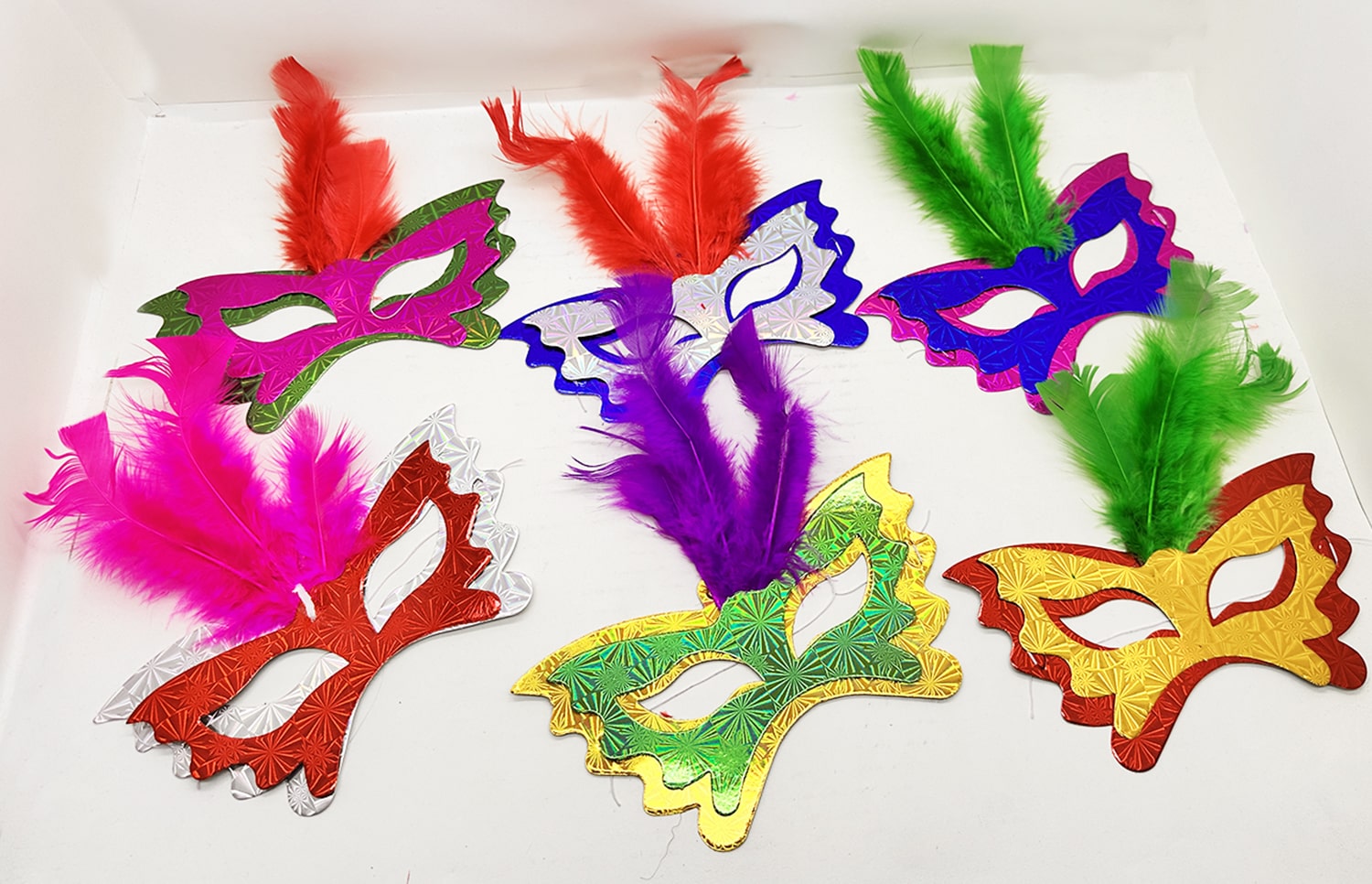 Renkli Parti Maskesi 6'lı | Tüylü Karton Maske Seti (Lastikli) (4172) - Görsel 2