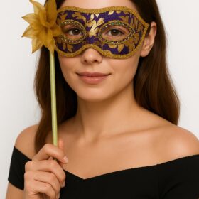 Lüks Taşlı Saplı Maskeli Balo Maskesi Mor Renk 35 cm (4172)