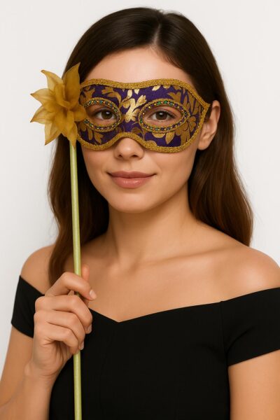 Lüks Taşlı Saplı Maskeli Balo Maskesi Mor Renk 35 cm (4172)