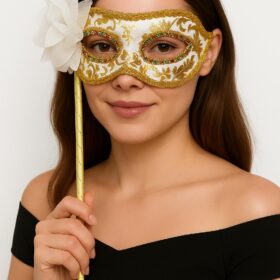 Lüks Taşlı Saplı Maskeli Balo Maskesi Beyaz Renk 35 cm (4172)