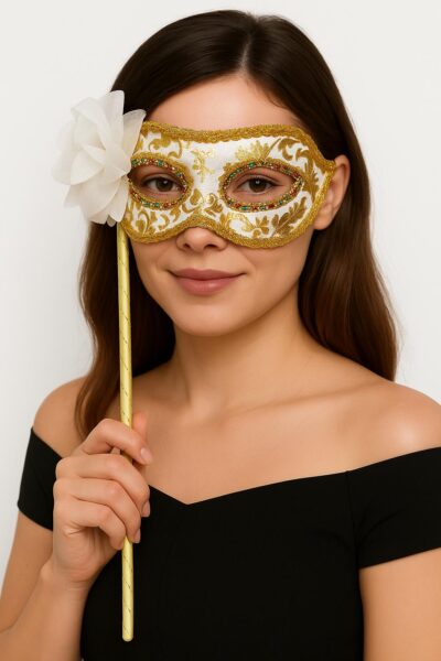 Lüks Taşlı Saplı Maskeli Balo Maskesi Beyaz Renk 35 cm (4172)