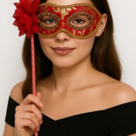 Lüks Taşlı Saplı Maskeli Balo Maskesi Kırmızı Renk 35 cm (4172)