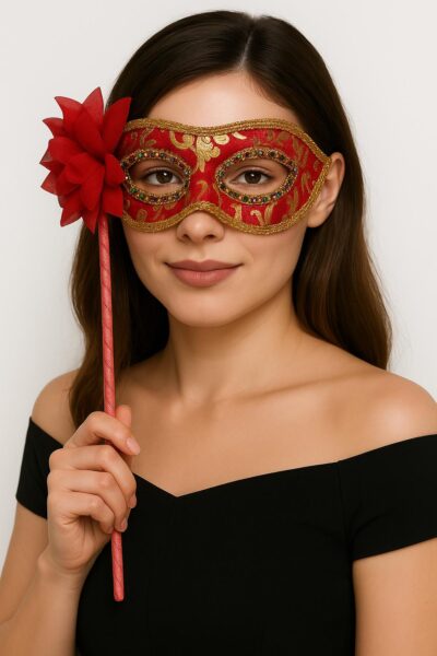 Lüks Taşlı Saplı Maskeli Balo Maskesi Kırmızı Renk 35 cm (4172)