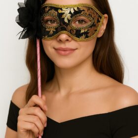 Lüks Taşlı Saplı Maskeli Balo Maskesi Siyah Renk 35 cm (4172)