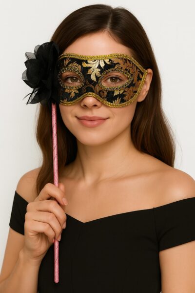 Lüks Taşlı Saplı Maskeli Balo Maskesi Siyah Renk 35 cm (4172)