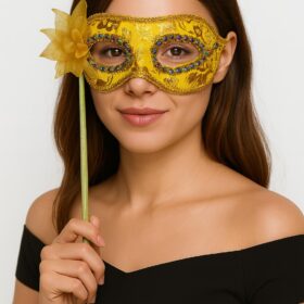 Lüks Taşlı Saplı Maskeli Balo Maskesi Altın Renk 35 cm (4172)