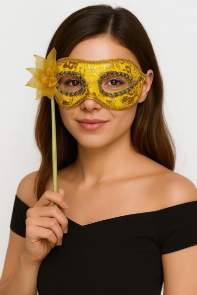 Lüks Taşlı Saplı Maskeli Balo Maskesi Altın Renk 35 cm (4172)