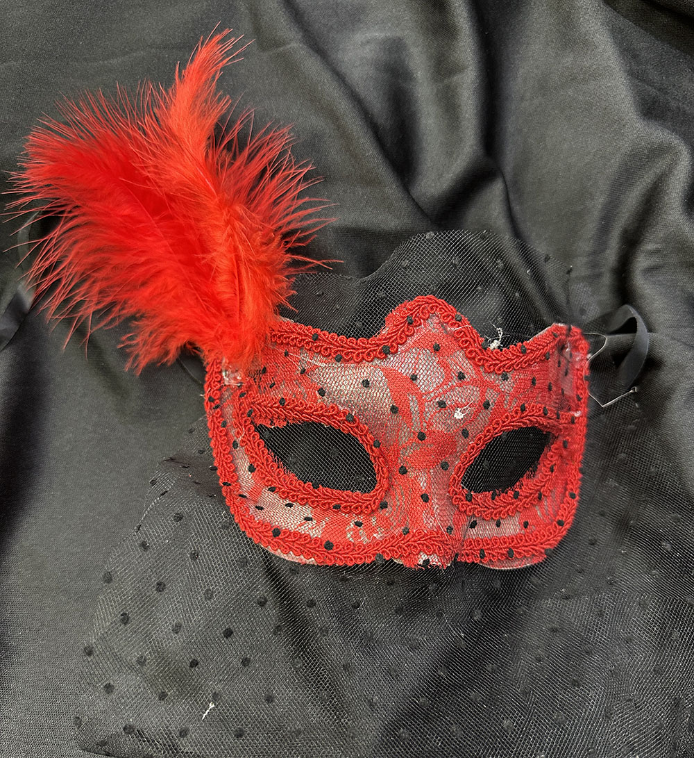 Kırmızı Renk Dantelli Duvaklı İncili Parti Maskesi Balo (4172) - Görsel 2