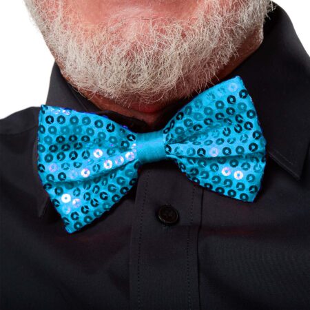 Gece Işıltısı Açık Mavi Turkuaz Payetli Pullu Papyon 7x2 cm (4172)