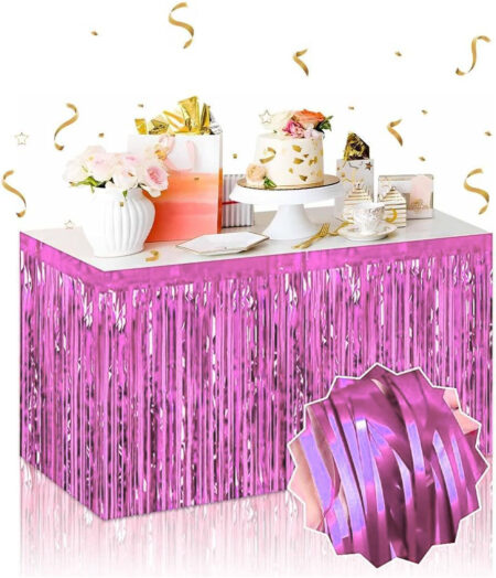 Kendinden Yapışkanlı Pembe Metalize Püsküllü Masa Eteği – 75 x 275 cm Parti Süslemesi (4172)