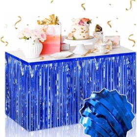 Kendinden Yapışkanlı Mavi Metalize Püsküllü Masa Eteği – 75 x 275 cm Parti Süslemesi (4172)