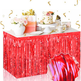 Kendinden Yapışkanlı Kırmızı Metalize Püsküllü Masa Eteği – 75 x 275 cm Parti Süslemesi (4172)