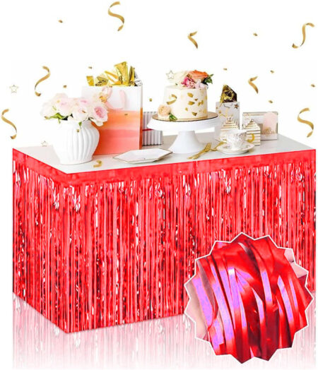 Kendinden Yapışkanlı Kırmızı Metalize Püsküllü Masa Eteği – 75 x 275 cm Parti Süslemesi (4172)