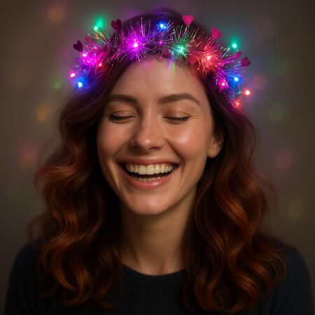 Kalp Püsküllü Gece Parıltısı 3 Modlu LED'li Işıklı Taç Fuşya Renk (4172)