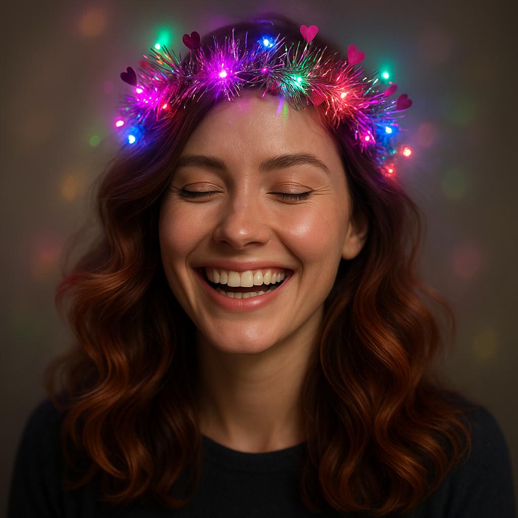 Kalp Püsküllü Gece Parıltısı 3 Modlu LED'li Işıklı Taç Fuşya Renk (4172)