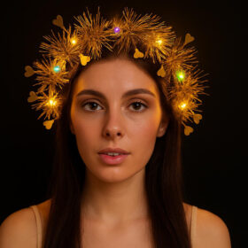 Kalp Püsküllü Gece Parıltısı 3 Modlu LED&apos;li Işıklı Taç Altın Renk (4172)