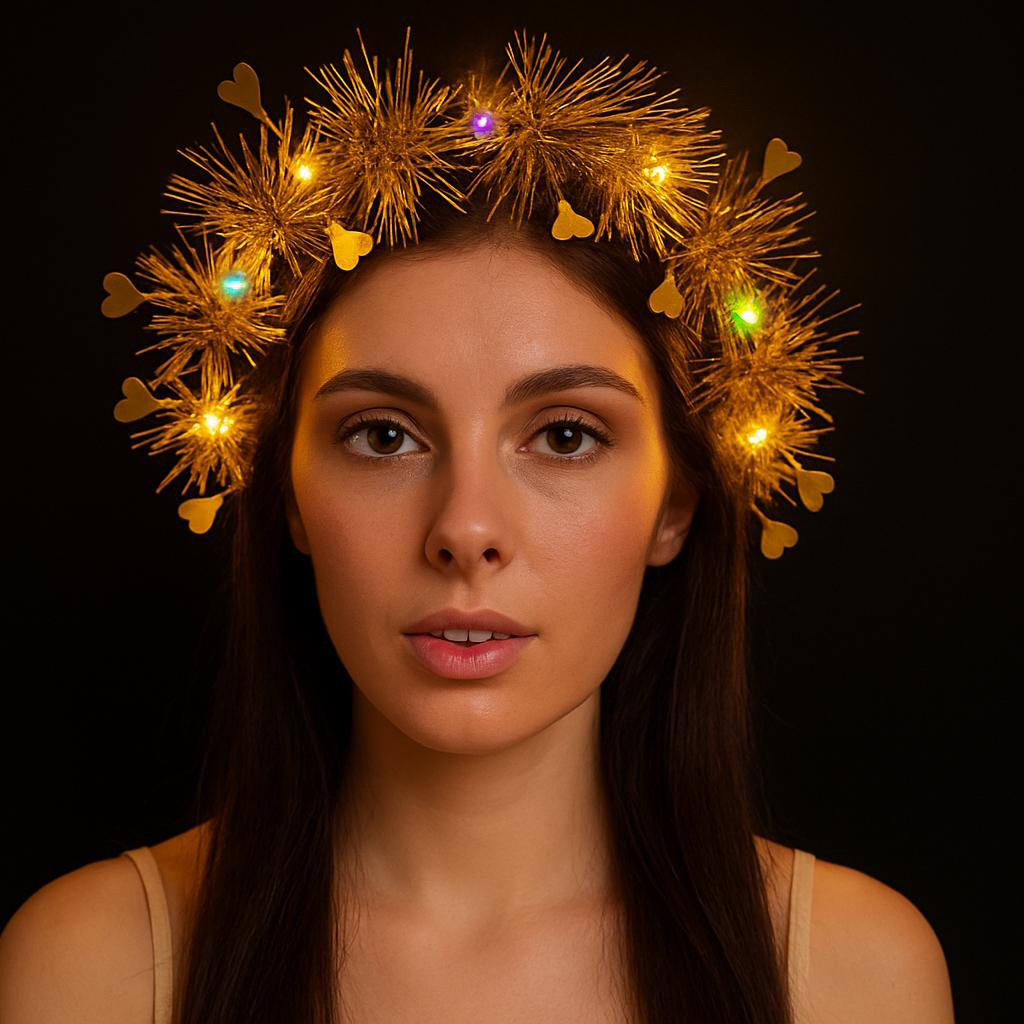 Kalp Püsküllü Gece Parıltısı 3 Modlu LED'li Işıklı Taç Altın Renk (4172)