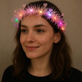 Kalp Püsküllü Gece Parıltısı 3 Modlu LED&apos;li Işıklı Taç Pembe Renk (4172)