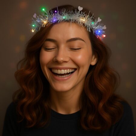 Kalp Püsküllü Gece Parıltısı 3 Modlu LED'li Işıklı Taç Gümüş Renk (4172)