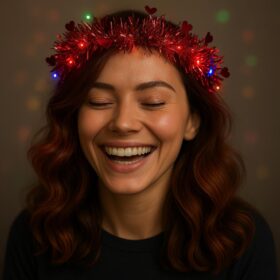 Kalp Püsküllü Gece Parıltısı 3 Modlu LED&apos;li Işıklı Taç Kırmızı Renk (4172)
