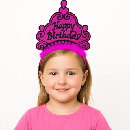 Fuşya Happy Birthday Prenses Tacı – Doğum Günü Taç Aksesuarı (4172)