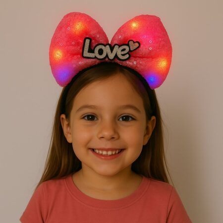 LED Işıklı Love Yazılı Fuşya Fiyonk Taç – Kız Çocuk Parti Tacı (4172)