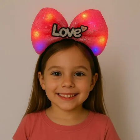 LED Işıklı Love Yazılı Fuşya Fiyonk Taç – Kız Çocuk Parti Tacı (4172)