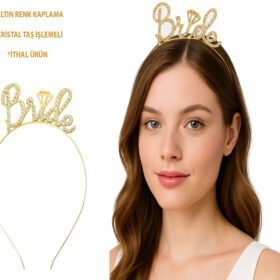 Altın Renkli Taşlı “Bride” Gelin Tacı – El Yazısı Yazı Tipiyle (4172)