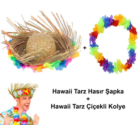Hawaii Tarzı Tropikal Çiçekli Hasır Şapka ve Çiçekli Hawaii Kolye (4172)