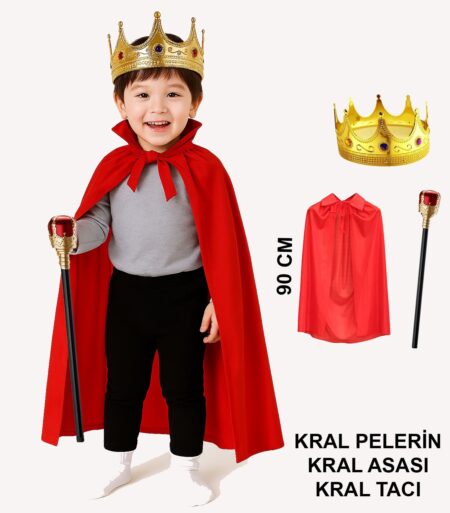 Çocuk Kral Kostüm Seti – Kırmızı Pelerin, Taç ve Asa (90 cm) (4172)