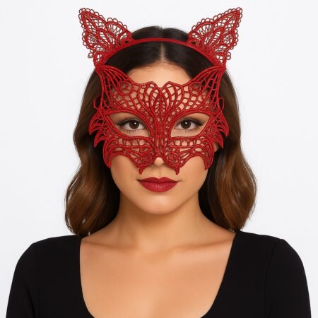 Kırmızı Dantel Kedi Maskesi ve Dantel Taç Seti 8 No – Kadın Kostüm Aksesuarı (4172)