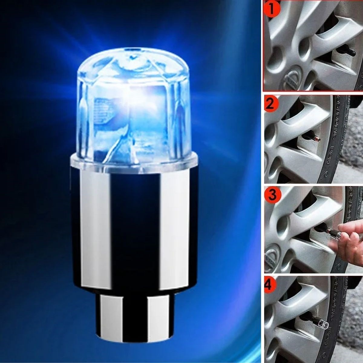 Araç ve Bisiklet İçin 2’li Mavi LED Hava Valfi Işık Kapakları–Gece Parlayan Lastik Lambası Sibop Kapağı (4172) - Görsel 4