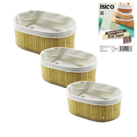3 BOY  OVAL  BAMBU KENAR ORGANİZER SEPET AHŞAP ALTLIK - BEZLİ  13X22-16X26-20X30CM (4172)