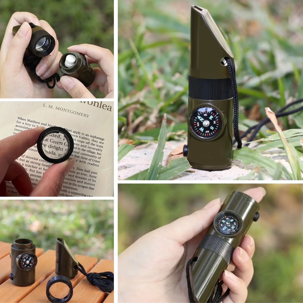 7si 1arada Acil Durum Düdüğü,El Feneri, Termometre,Pusula,Büyüteç,Depolama Bölmeli Kampçı Düdüğü (4172) - Görsel 2