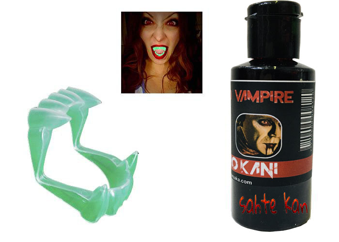 Fosforlu Çift Damak Takma Vampir Dişi ve 50 gr Tiyatro Kanı (4172)