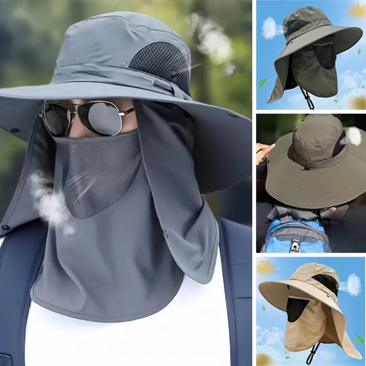 Güneş Koruyuculu Nefes Alabilen Maskeli ve Boyun Kapaklı Geniş Kenarlı Balıkçı Şapkası (4172) - Görsel 2