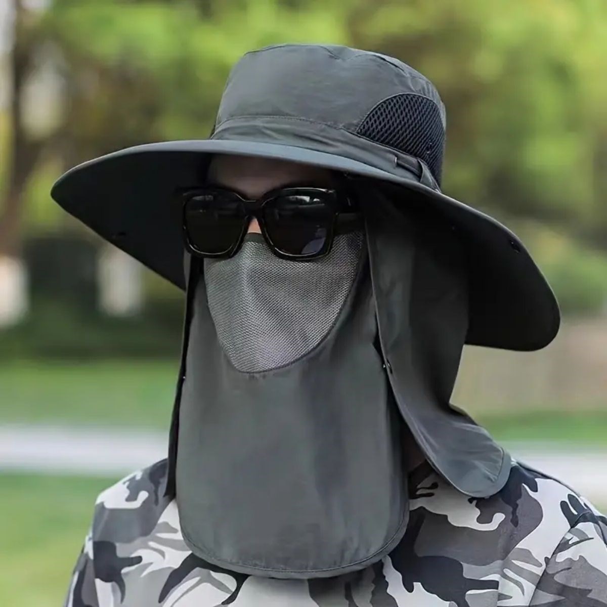 Güneş Koruyuculu Nefes Alabilen Maskeli ve Boyun Kapaklı Geniş Kenarlı Balıkçı Şapkası (4172) - Görsel 4