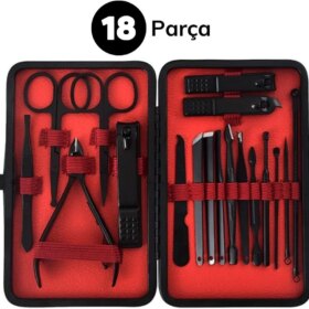 18 Parça Manikür Pedikür Set Kutusu Çelik Deri Çantalı Bakım Seti (4172)