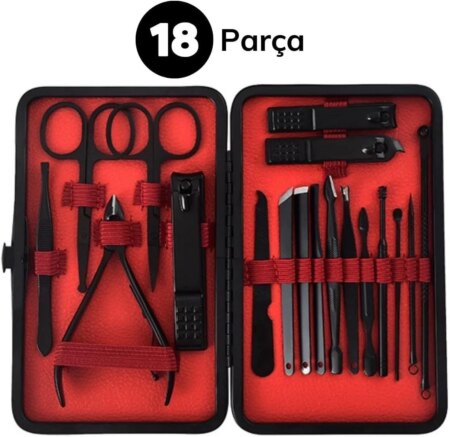 18 Parça Manikür Pedikür Set Kutusu Çelik Deri Çantalı Bakım Seti (4172)