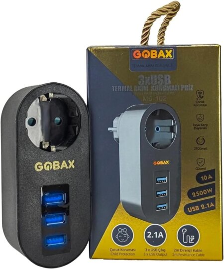 Gobax Termal Akım Korumalı Akıllı Priz 3xusb Li, Çocuk Korumalı, Led Işıklı, Yüksek Isıya Dayanıklı (4172)