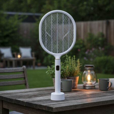 USB Şarjlı Beyaz Renk Kendiliğinden Standlı Şarj Göstergeli UV Işıklı Sinek Öldürme Raketi LTD-718 (4172)