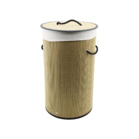 YUVARLAK HASIR - AHŞAP KİRLİ ÇAMAŞIR SEPETİ 37X60CM SEYYAR KAPAKLI İÇİ BEZLİ İP KULPLU (4172)