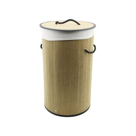 YUVARLAK HASIR - AHŞAP KİRLİ ÇAMAŞIR SEPETİ 37X60CM SEYYAR KAPAKLI İÇİ BEZLİ İP KULPLU (4172)