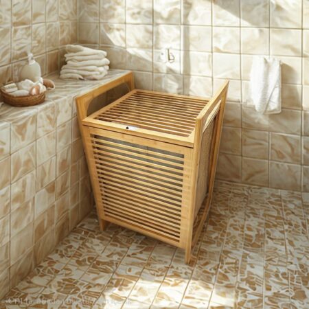 AHŞAP BAMBU KİRLİ ÇAMAŞIR SEPET KUMAŞ ÇANTALI SEPET=40X35X60CM (4172)